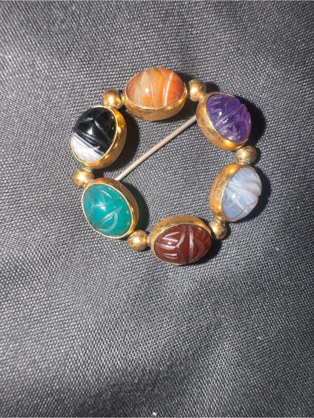 Multicolor Scarab Gemstone Circle Brooch - Gold Tone Women Jewelry